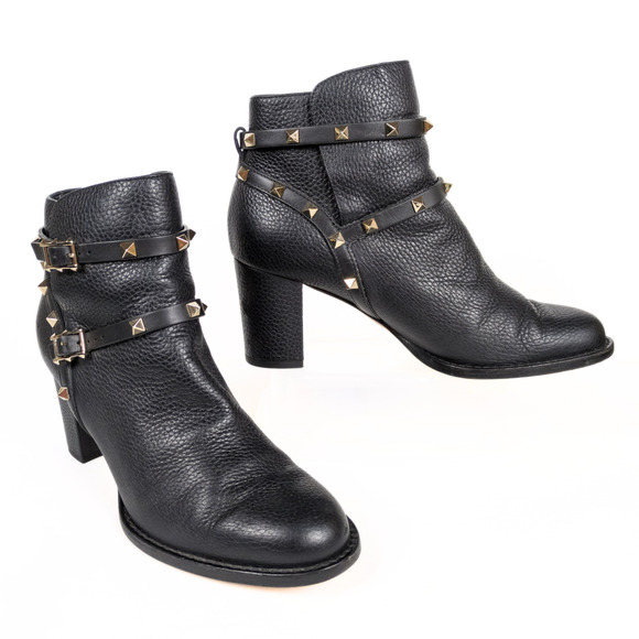 VALENTINO Garavani Black Rockstud Grainy Calfskin Heeled Moto Boot 70mm EU 40.5 - Picture 1 of 13